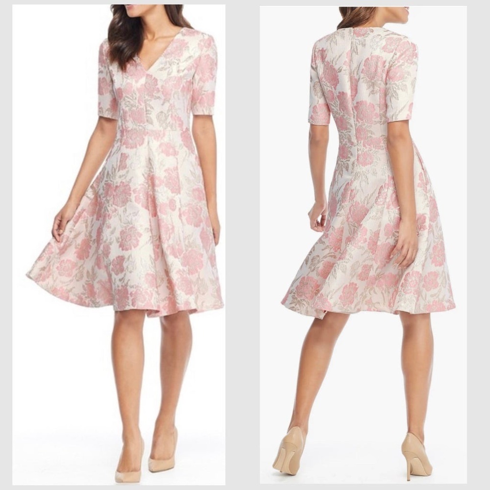 Gal Meets Glam Collection Midi Floral Metallic Dress Size 4P Side Pockets
